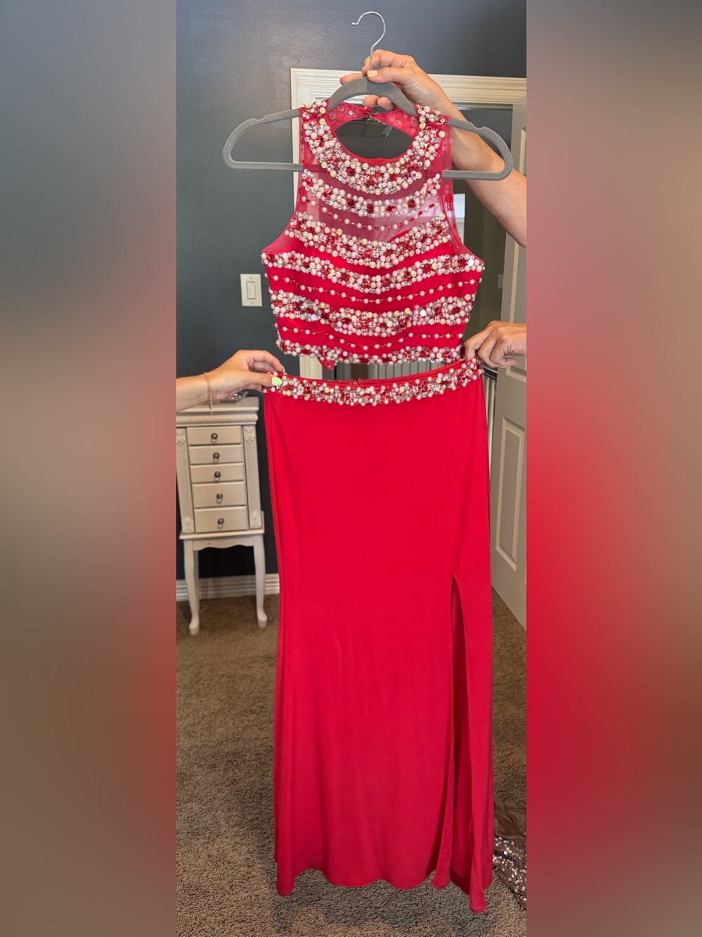 Red Embellished Two-Piece Evening Dress